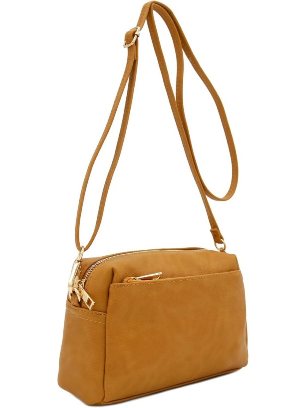 Women's Dark Mustard Leather Triple Zip Small Crossbody Bag - Picture 4 of 7